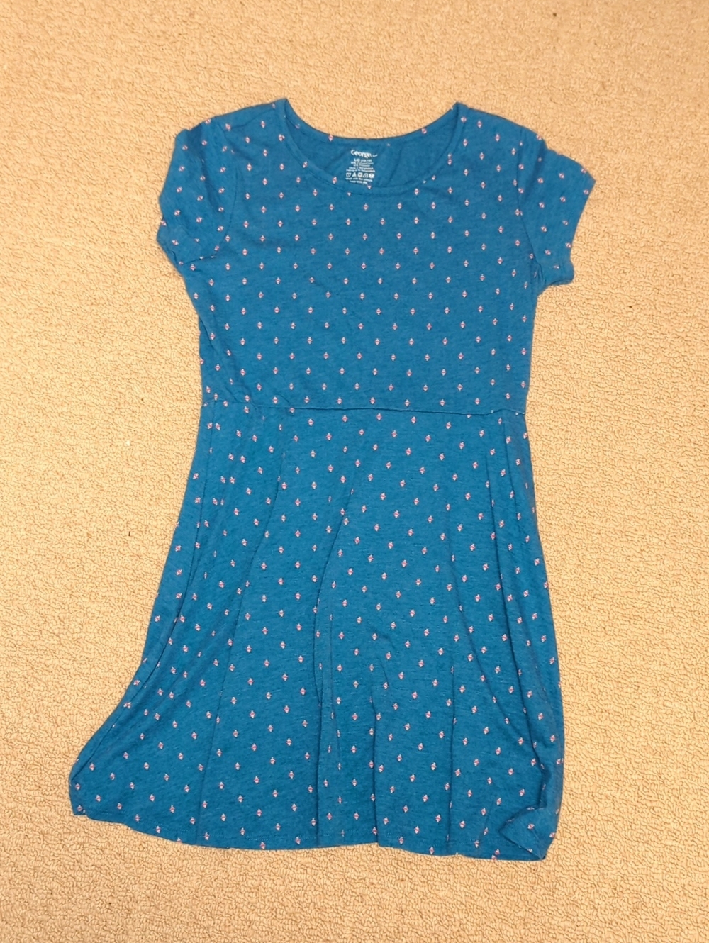 George Teal Blue Casual Knit Dress with Pink Dot Floral Print